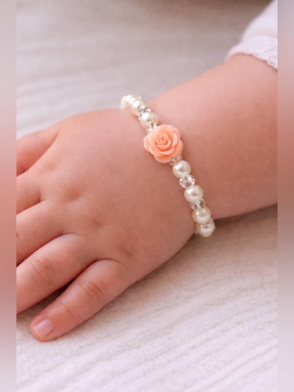Baby / toddler fresh water pearl and shell flower bracelet coral or white flower